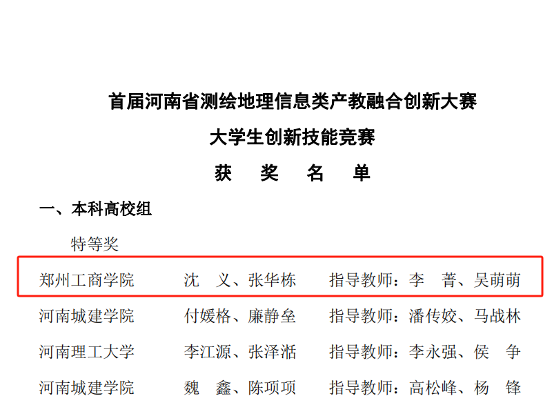 永利首页（中国）股份有限公司官网工学院学子在河南省测绘地理信息类产教融合创新大赛中荣获佳绩